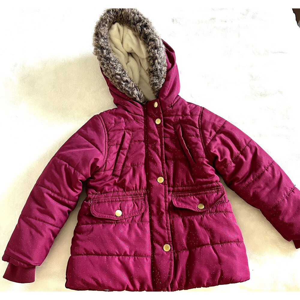 Carter's Toddler Girls Puffer Jacket 4T Burgundy Magenta Gold Glitter Parka Coat